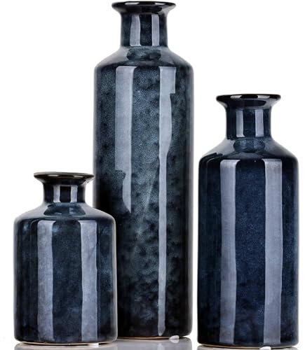 Blaue Keramikvase Set mit 3 kleinen Vasen, modernes Bauernhaus für Heimdekor-Flaschen, rustikale Terrakotta-Vase, dekorative Vasen für Tisch, Büro, Bücherregal, Wohnzimmer von Muyankissu