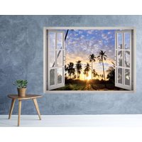 Palmen Blick Auf Den Sonnenuntergang Fenster 3D Wand Aufkleber Kunst Abnehmbar Tapete Palm Tree Strand Wandbild Vinyl Home Dekor von MuyayoStudio