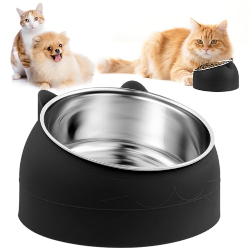 Muyohix Katzennapf, 400ML Futternapf Katze Set, 15°Kipphals-Schutzschale 304 Edelstahl Lebensmittelqualität, rutschfeste Wasser Fütterung Schüssel, Abnehmbarer Katzennäpfe für Katzen und Welpen von Muyohix