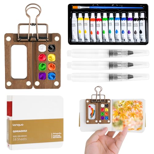 Muyohix Mini Aquarell Travel Set, Pocket Aquarell Set, Tragbare Aquarellpalette Reiseset, 8 Grids Mini Holz Palette Malkasten, Binder-Clips, Aquarellpinsel Wasserfarben Skizzenbuch Muyohix Mini Aquarell Travel Set, Pocket Aquarell Set, Tragbare Aquarellpalette Reiseset, 8 Grids Mini Holz Palette Malkasten, Binder-Clips, Aquarellpinsel Wasserfarben Skizzenbuch von Muyohix
