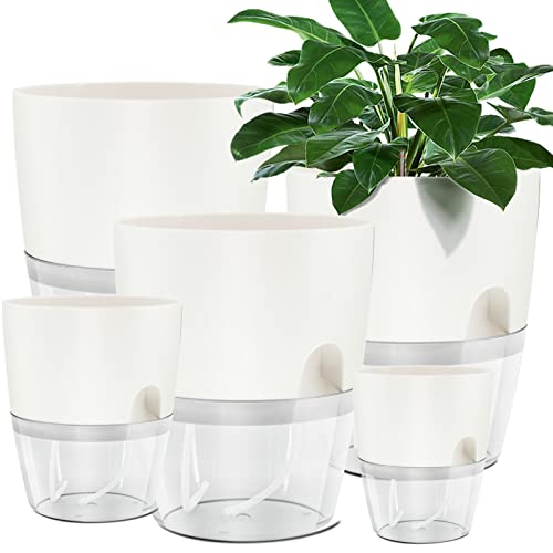 Muzhira Blumentopf Plastik, 5 stücke 15.3cm/10.5cm/8.2cm Kräutertopf mit Selbstbewässerung und Wasserspeicher, Moderne Pflanztopf für Zimmerpflanzen, Blumen und Kräuter - Weiß von Muzhira