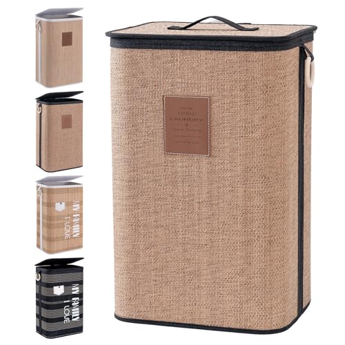 Muzilife Bambus Wäschekorb Schmal, 72L Faltbare Wäschesammler mit Deckel, Wäschebox aus Natürliche Baumwolle, Stabil Wäschetonne mit Tragegriffen, 40x30x60CM, Dunkelbraun von Muzilife