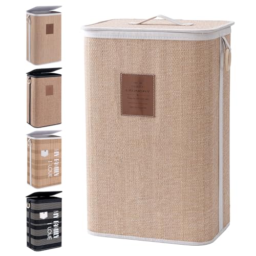 Muzilife Bambus Wäschekorb Schmal, 72L Faltbare Wäschesammler mit Deckel, Wäschebox aus Natürliche Baumwolle, Stabil Wäschetonne mit Tragegriffen, 40x30x60CM, HellBraun von Muzilife