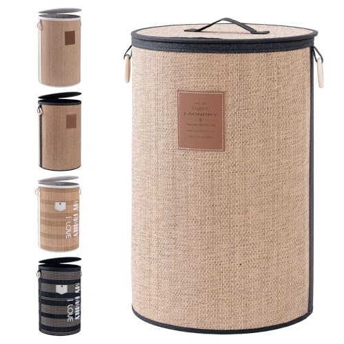 Muzilife Bambus Wäschekorb mit Deckel, 75L Faltbare Wäschesammler Wäschebox aus Natürliche Baumwolle, Stabil Wäschetonne mit Tragegriffen, Rund Ø 40 cm, Dunkelbraun von Muzilife