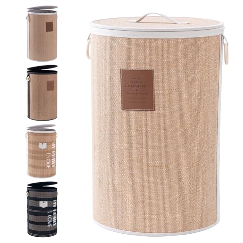 Muzilife Bambus Wäschekorb mit Deckel, 75L Faltbare Wäschesammler Wäschebox aus Natürliche Baumwolle, Stabil Wäschetonne mit Tragegriffen, Rund Ø 40 cm, HellBraun von Muzilife