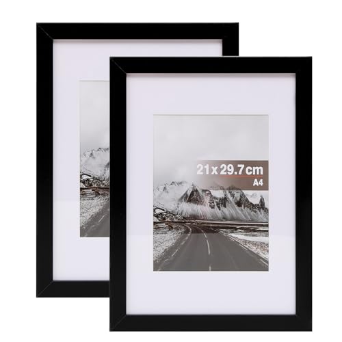 Muzilife Bilderrahmen Schwarz 21 x 29,7 cm (DIN A4), 2er Set Fotorahmen Posterrahmen mit Passepartout für 13 x 18 cm Bilder, Kunststoffrahmen, Eignet sich als Tisch-Aufsteller und für die Wand von Muzilife