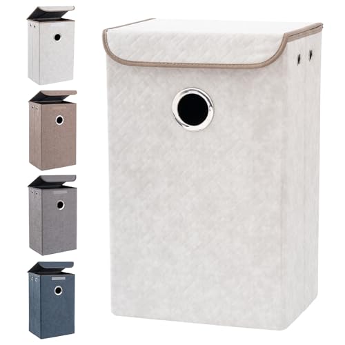 Muzilife Wäschekorb Schmal mit Deckel, 64L Faltbare Wäschesammler Wäschebox, Stabil Wäschetonne, 38 x 28 x 60 cm, Laundry Baskets für Waschküche Schlafzimmer Badezimmer, Grauweiß von Muzilife