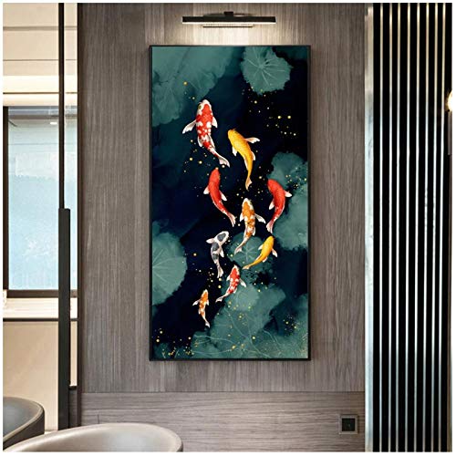 Muzimuzili Koi Fisch Feng Shui Karpfen Lotus Teich Bilder Leinwand Malerei Wandkunst für Wohnzimmer Modern Home Decor- 40x80cm Ungerahmt von Muzimuzili