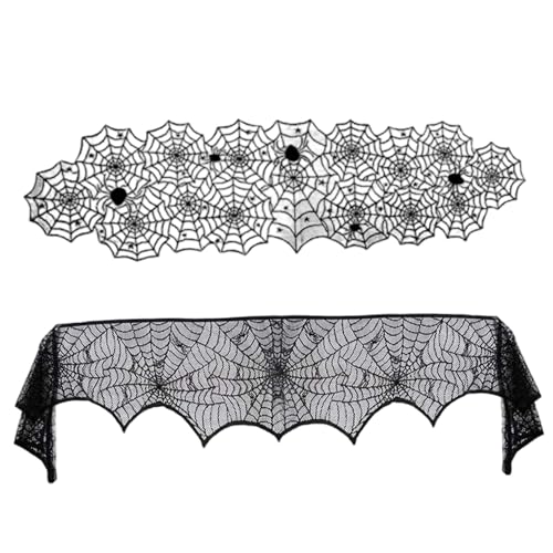 2 Stück Halloween-Dekorationen, Spitze, Halloween-Tischläufer mit Kaminsims-Schal, Gothic-Dekoration mit schwarzem Spinnennetz für Zuhause, Küche, Party-Dekor 2 Stück Halloween-Dekorationen, Spitze, Halloween-Tischläufer mit Kaminsims-Schal, Gothic-Dekoration mit schwarzem Spinnennetz für Zuhause, Küche, Party-Dekor von Muzrunq