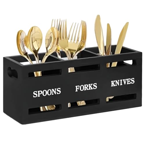 Besteckhalter, Holz Silberhalter mit 3 Fächern, Großkapazitäts -Mehrzweck -Utensil Caddy für Gabelnlöffel Cutter, Schwarz von Muzrunq