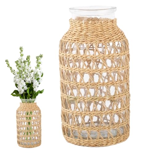 Blumenvase aus Glas mit Rattanbezug, Boho-Vase mit durchsichtigem Webbezug, dekorativer Übertopf im Landhausstil für die Tischdekoration zu Hause von Muzrunq