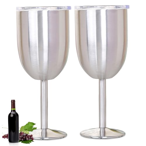 Edelstahlweinglas mit Deckel, 2pcs doppelwandige isolierte Weinbecher Underbreakable Stiel-Trinkbecher für Outdoor, Reisen, Camping von Muzrunq