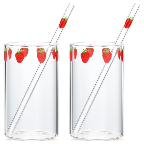 Erdbeerglasbecher mit Strohhalm, 2er-Set, Erdbeerbecher aus Borosilikatglas für Frauen und Mädchen, Mehrzweck-Trinkgeschirr für Milch, Saft von Muzrunq