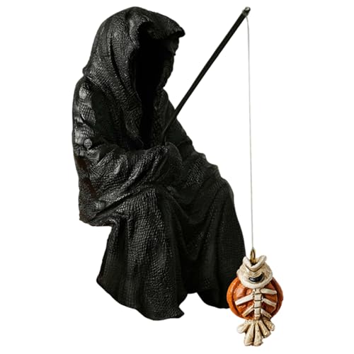 Gothic-Dekor, sitzende, geheimnisvolle Sensenmann-Statue aus Kunstharz mit Angelrute, 12, 7 cm große Halloween-Figuren, gruselige Aquarium-Teich-Dekoration für Kaminsims, Regal, Spuk-Themen-Dekor Gothic-Dekor, sitzende, geheimnisvolle Sensenmann-Statue aus Kunstharz mit Angelrute, 12, 7 cm große Halloween-Figuren, gruselige Aquarium-Teich-Dekoration für Kaminsims, Regal, Spuk-Themen-Dekor von Muzrunq