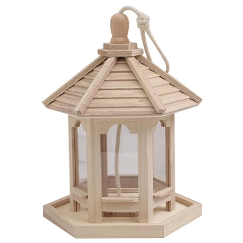 Hängende Vogelfutterläder 8x8x10 Pavillonform unvollendete hölzerne Wildvogelfutterhäuschen mit hängenden Seilefutter für Außendekoration von Muzrunq
