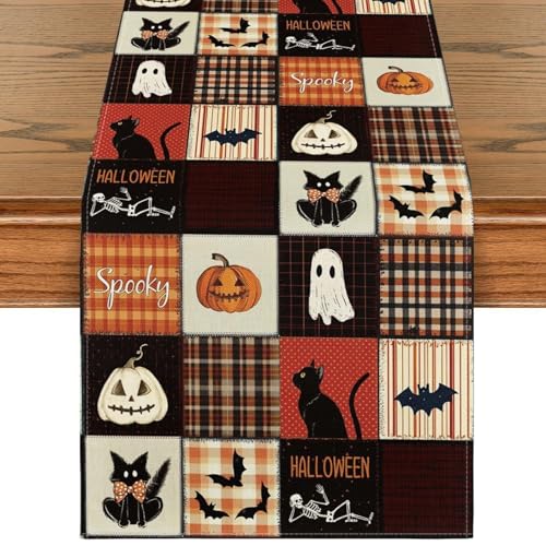 Halloween-Tischläufer, 33 x 182 cm, schwarzer Katzen-, Fledermaus-, Kürbis- und Geister-Tischläufer, gruselige Halloween-Dekorationen für die Partydekoration zu Hause, Halloween-Tischläufer, 33 x 182 cm, schwarzer Katzen-, Fledermaus-, Kürbis- und Geister-Tischläufer, gruselige Halloween-Dekorationen für die Partydekoration zu Hause, von Muzrunq