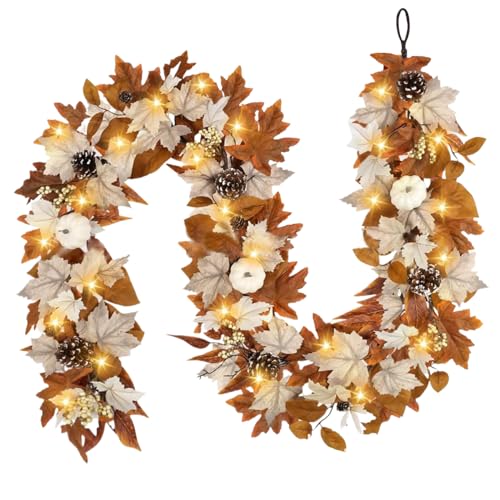 Herbstgirlande mit Lichtern, 1, 8 m Lange Herbstlaubgirlande mit Tannenzapfen, Kürbissen und Beeren, warmes Erntedankdekor für den Tisch zu Hause, die Veranda, den Kamin Herbstgirlande mit Lichtern, 1, 8 m Lange Herbstlaubgirlande mit Tannenzapfen, Kürbissen und Beeren, warmes Erntedankdekor für den Tisch zu Hause, die Veranda, den Kamin von Muzrunq