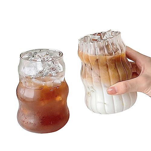Klare Glasbecher Iced Coffee Glass Tassen Welligkeit Trinkgläser Biergläser gerissen Kaffeegläser Klarer Glaswaren für Saft Wasserglas Kaffeetassen 2pcs von Muzrunq