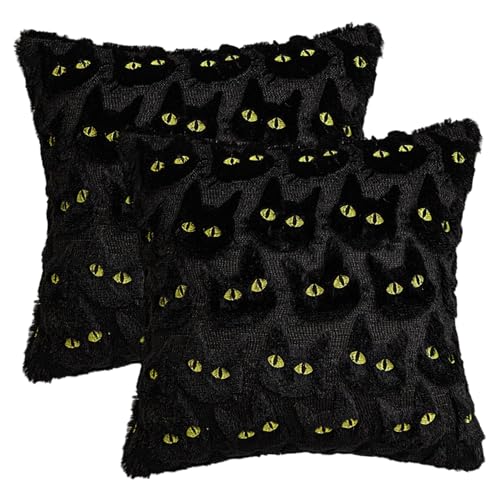 Muzrunq 2 Stück Halloween-Kissenbezüge, 45, 7 x 45, 7 cm, Plüsch-Katzen-Halloween-Kissenbezüge mit gelben Augen, weiche, gruselige Schwarze für Sofa, Bank, Zimmerdekoration Muzrunq 2 Stück Halloween-Kissenbezüge, 45, 7 x 45, 7 cm, Plüsch-Katzen-Halloween-Kissenbezüge mit gelben Augen, weiche, gruselige Schwarze für Sofa, Bank, Zimmerdekoration von Muzrunq