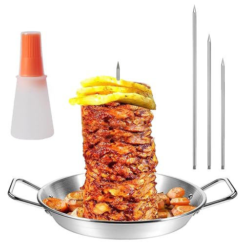 Muzrunq Kebabplatte und Spieß, 10 Edelstahl vertikaler Spieß Kebab Pfanne mit 3 Größen abnehmbaren Spikes und Ölflaschenbürste für Ganzhähnchenfisch -Wurststeak. von Muzrunq