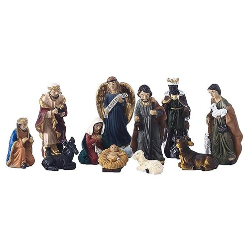 Muzrunq Krippe Miniaturfiguren Weihnachtsfestigungen Mini Inspirierende Harzschmuck Weihnachtsgebättlichkeit Set Krippe Szene Holz Set für Kinder Familie 12pcs von Muzrunq