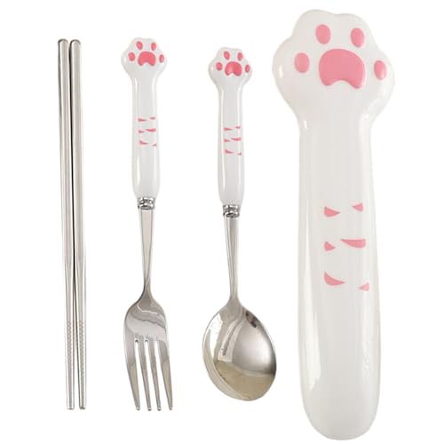 Tragbares Utensilien -Set, wiederverwendbares Edelstahl -Reiset -Besteck mit Stäbchen, Löffel und Gabel, keramische Katzenpfoten -Katze -Pfoten -Stäbchen, Utensilien für Lunchbox, Reise Silber von Muzrunq