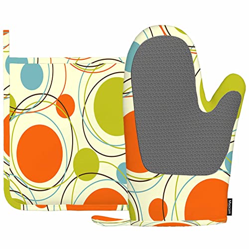 Mxocom 60er Jahre Retro Orange Hitzebeständige Ofenhandschuhe und Topflappen Blau Hellgrün Wiederholender bunter Kreis Gelber Hintergrund Küche Rutschfeste Kochen Mikrowelle Handschuhe zum Kochen von Mxocom