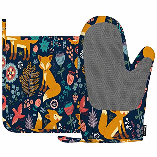 Mxocom Bunte Fuchs-Silikon-Ofenhandschuhe und Topflappen-Set, lustige Tierblumen, Blätter, Grillhandschuhe für Küche, Kochen, Backen, Grillen von Mxocom