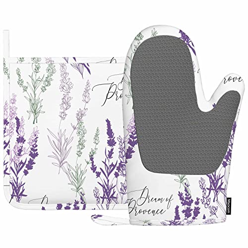 Mxocom Lavendel-Ofenhandschuhe und Topflappen-Sets, Dream of Provence, Schriftzug, Vintage, botanisch, florales Silikon, hitzebeständig, Küche, Ofenhandschuhe, Topflappen zum Kochen Mxocom Lavendel-Ofenhandschuhe und Topflappen-Sets, Dream of Provence, Schriftzug, Vintage, botanisch, florales Silikon, hitzebeständig, Küche, Ofenhandschuhe, Topflappen zum Kochen von Mxocom