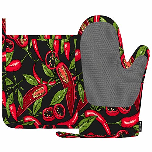 Mxocom Mexikanische Hot Pepper Chili Ofenhandschuhe und Topflappen Sets Scheiben, Hälften zerkleinerte Stücke und Zweige Bio Gesundes rotes Silikon hitzebeständig Küche Ofenhandschuhe Topflappen zum Mxocom Mexikanische Hot Pepper Chili Ofenhandschuhe und Topflappen Sets Scheiben, Hälften zerkleinerte Stücke und Zweige Bio Gesundes rotes Silikon hitzebeständig Küche Ofenhandschuhe Topflappen zum von Mxocom