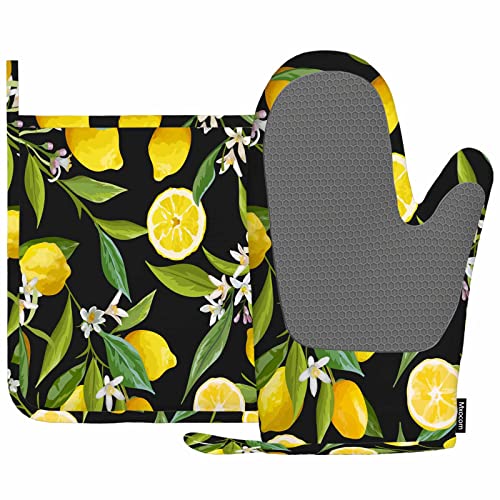 Mxocom Ofenhandschuhe und Topflappen, Silikon, Zitronenfrüchte, Blumen, Blätter, Zitronen, BBQ-Handschuhe für Küche, Kochen, Backen, Grillen von Mxocom