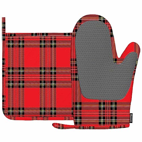 Mxocom Ofenhandschuhe und Topflappen, traditionelles schottisches Karomuster in klassischen Farben, Silikon, hitzebeständig, Topflappen zum Kochen, Rot Mxocom Ofenhandschuhe und Topflappen, traditionelles schottisches Karomuster in klassischen Farben, Silikon, hitzebeständig, Topflappen zum Kochen, Rot von Mxocom