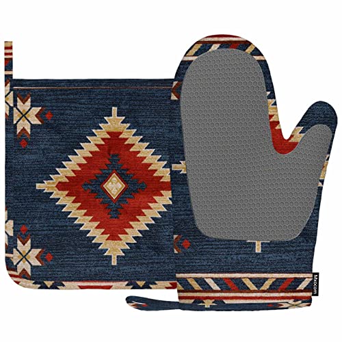 Mxocom Southwest Diamond Blue Red Hitzebeständige Ofenhandschuhe und Topflappen, indischer Stil auf blauem und rotem Hintergrund, Küche, rutschfest, zum Kochen, Backen, Grillen von Mxocom
