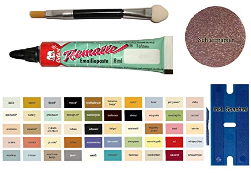 Anemone Emaille Paste/Lack zur Reparatur von Bad, Fliesen, Keramik, Autolack, Holz, Laminat uvm. im praktischen Set mit 8 ml Elefant Emaille, Kunststoffspachtel & Pinsel von MY-B-Style von My-B-Style