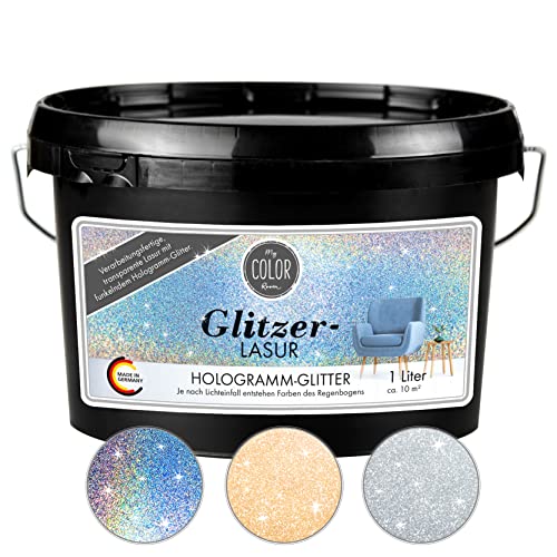 My COLOR Room Glitzer-Lasur (1000 ml, Hologramm) transparente Glitzer Wandfarbe für Wandgestaltung mit Glitzer-Effekt für Innenbereich, Dekorationslasur Made in Germany von My COLOR Room