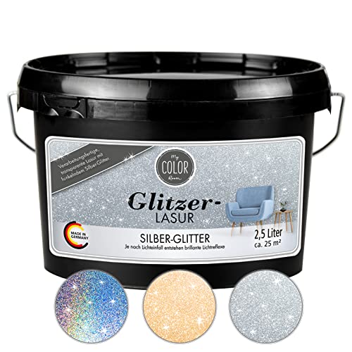 My COLOR Room Glitzer-Lasur (2500 ml, Silber) transparente Glitzer Wandfarbe für Wandgestaltung mit Glitzer-Effekt für Innenbereich, Dekorationslasur Made in Germany von My COLOR Room