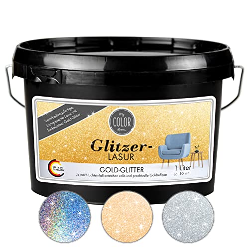 My COLOR Room Glitzer-Lasur (1000 ml, Gold) transparente Glitzer Wandfarbe für Wandgestaltung mit Glitzer-Effekt für Innenbereich, Dekorationslasur Made in Germany von My COLOR Room