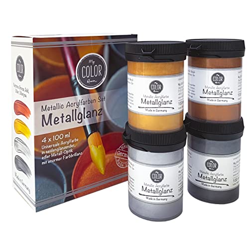 My COLOR Room Metallic Acrylfarben Set (Silber, Silbergrau, Gold, Bronze, 4 x 100 ml) Metallglanz, universale Acryl-Bastel-Farbe mit edlem Metallic-Effekt - Made in Germany von My COLOR Room