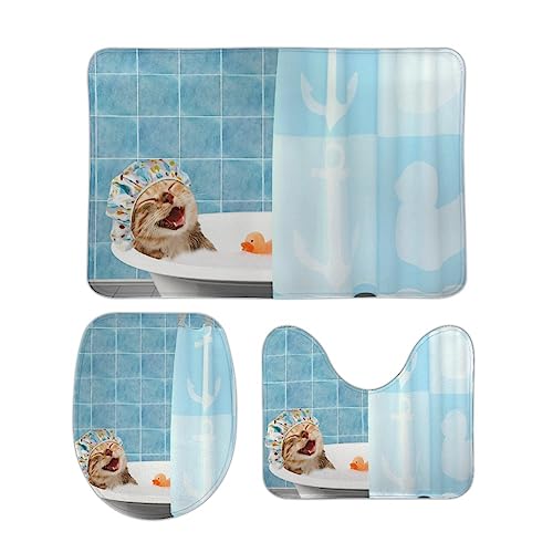 3-teiliges Badematten-Set, lustige Katze, WC-Deckelbezug, rutschfeste Badezimmerteppiche von My Daily
