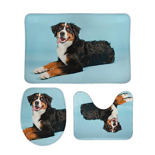 3-teiliges Badematten-Set Berner Sennen Hund blauer Hintergrund WC-Vorleger, WC-Deckelbezug, rutschfeste Badezimmerteppiche von My Daily