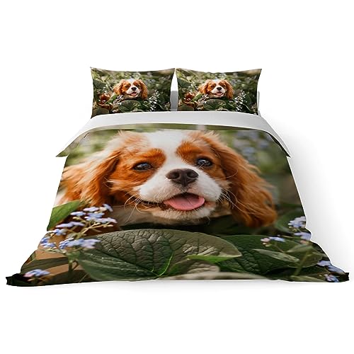 My Daily Bettbezug-Set für Einzelbett, Cavalier King Charles Spaniel spähende Blumen, 2-teiliges Bettwäsche-Set, Mikrofaser, Bettbezug 135 x 200 cm von My Daily