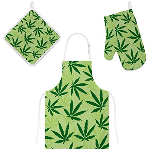 My Daily Kochschürze mit Taschen, Ofenhandschuh und Topflappen Set, Marihuana-Blatt Cannabisblätter verstellbare Schürze, Mikrowellen-Handschuh, Topflappen 3-teilig, Küchengeschenk-Set von My Daily