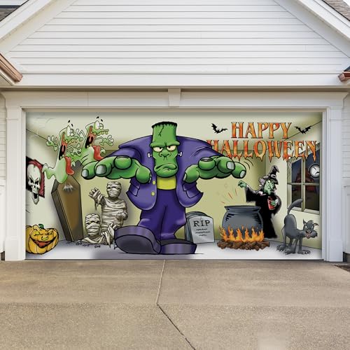 Frankenstein Halloween-Garagentor-Banner – erschreckend gruselige Doppelgaragendekorationen, 2,1 x 4,6 m von My Door Decor