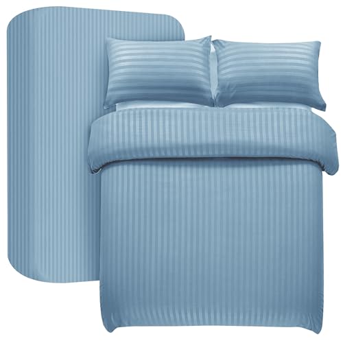 My home store Bettwäsche-Set für Einzelbett, 3-teilig, Satin, gestreift, weich gebürstete Mikrofaser, Bettwäsche-Set mit Spannbetttuch 30 cm tief und 1 Kissenbezug (Hellblau) von My Home Store