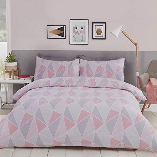 MyHome Bettwäsche-Set für Einzelbett, geometrisches Muster, Rosa/Grau, 1 x 135 x 200 cm und 1 x Kissenbezug 50 x 75 cm von MyHome