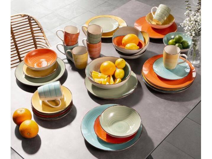 my home Kombiservice Geschirr-Set, Service Verceia (33-tlg), 8 Personen, Steinzeug, Pinselstrich-Dekor, von Hand bemalt, 33 Teile, blau bunt gelb grün von My-Home