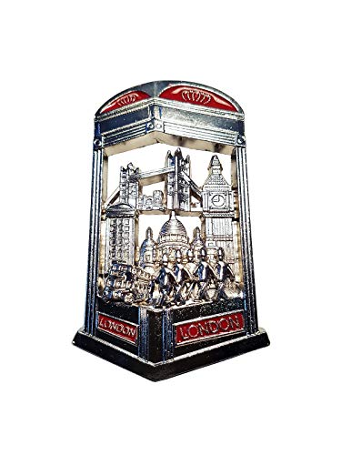 Kühlschrankmagnet London in einer Telefonzelle, Metall/Silber und Rot, Wort und Symbole, Tower Bridge/Big Ben/St. Paul's Cathedral/Double Decker Bus/Royal Guards/Phone Booth/British UK Souvenir von My London Souvenirs