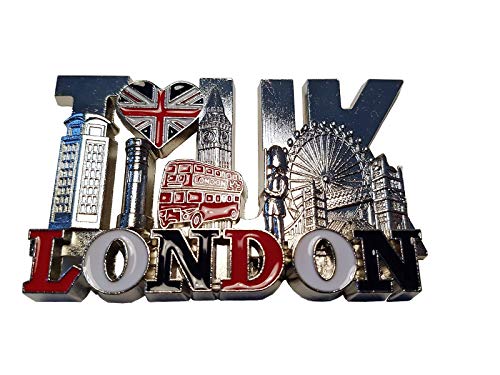 London Kühlschrankmagnet, Metall, Silberfarben, Symbole, I Love UK/Union Jack Heart/Telefonzelle / Briefkasten/Big Ben/Doppeldecker Bus/Royal Guard/Tower Bridge/Eye / Britisches Souvenir von My London Souvenirs