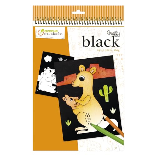 MY MANDARINE GY158C - Malblock Graffy Black, 24 Blatt (12 Designs x2), 160g Zeichenpapier in Schwarz, ab 3 Jahren, Tiere der Welt, 1 Stück von Avenue Mandarine