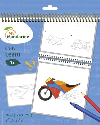 MY MANDARINE GY169C - Malblock Graffy Learn, 24 Blatt (12 Designs x2), 250g Zeichenpapier, ab 7 Jahren, Dino, 1 Stück von My Mandarine